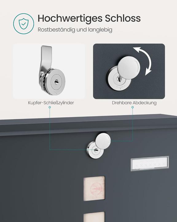 Produktbild Songmics Wandbriefkasten Schloss Sichtfenster Zeitungsfach Anthrazitgrau