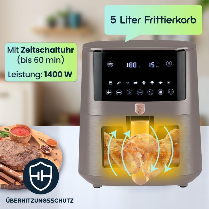 Produktbild BerlingerHaus Heissluftfritteuse mit 8 Kochprogrammen und Warmhaltefunktion, 5l, taupe