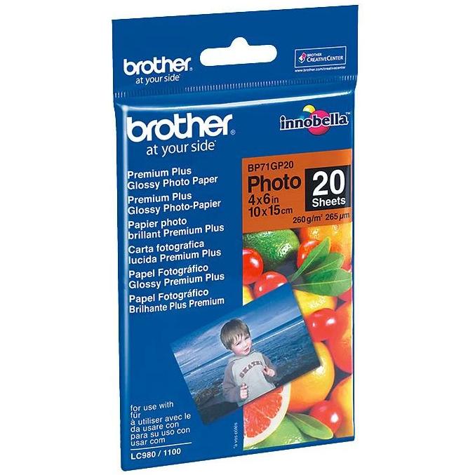 Brother Premium Plus Glossy BP-71GP20 (260 g/m², 10 x 15 cm, 20 x), Fotopapier, Weiss