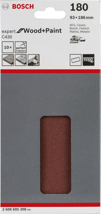 Produktbild Bosch Professional Zubehör Schleifblatt C430, 93 x 186 mm, 180, 8 Löcher, 10er-Pack (180)