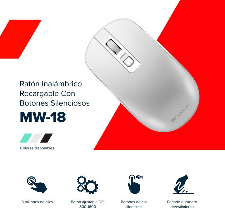 Actual product image Canyon Mouse MW-18 Wireless rechargeable silent Pixart grey (Wireless)