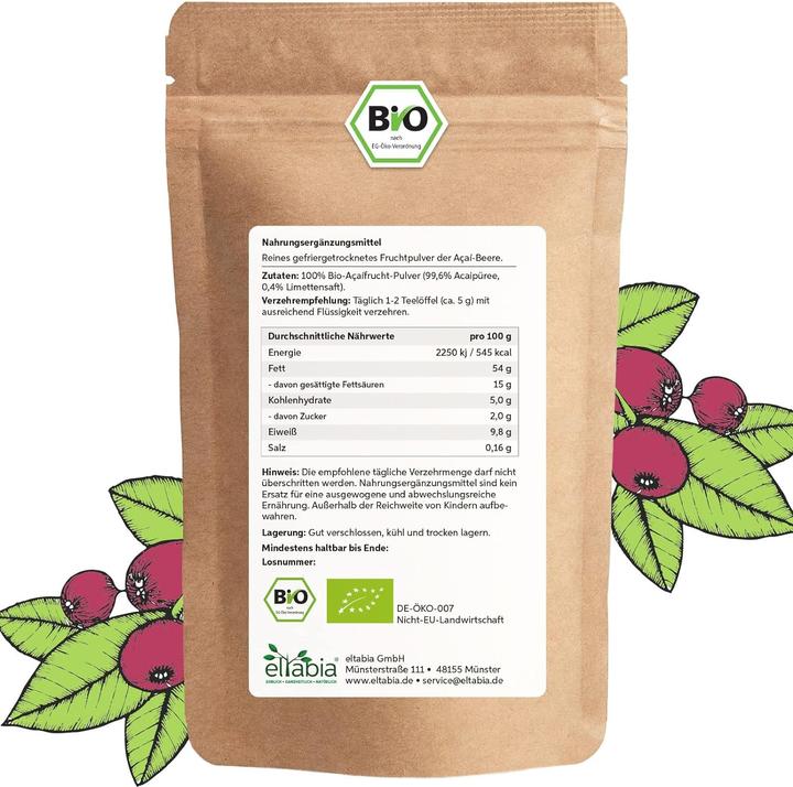 Actual product image Eltabia Organic acai powder in freeze-dried raw food quality | 100% pure without additives and vegan (Powder, 200 g)