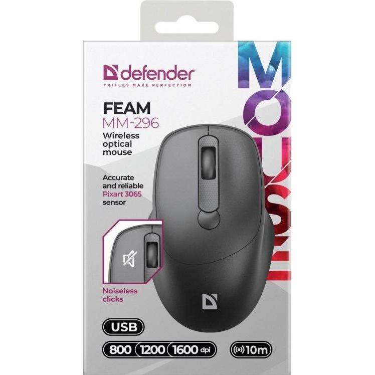 Thumbnail - Defender FEAM MM-296 RF 1600 DPI kabellose Silent-Click-Maus (Kabellos), Maus, Schwarz