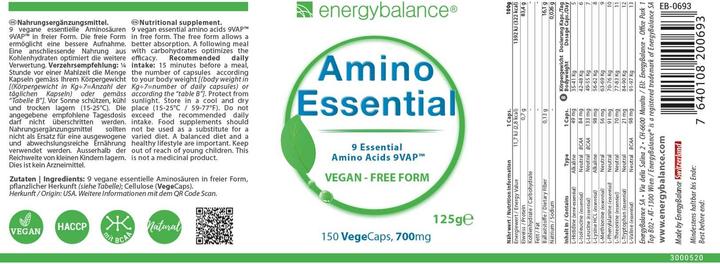 Nährwerte und Zutaten Energybalance Amino Essential (150 Stück, Kapseln, 125 g)