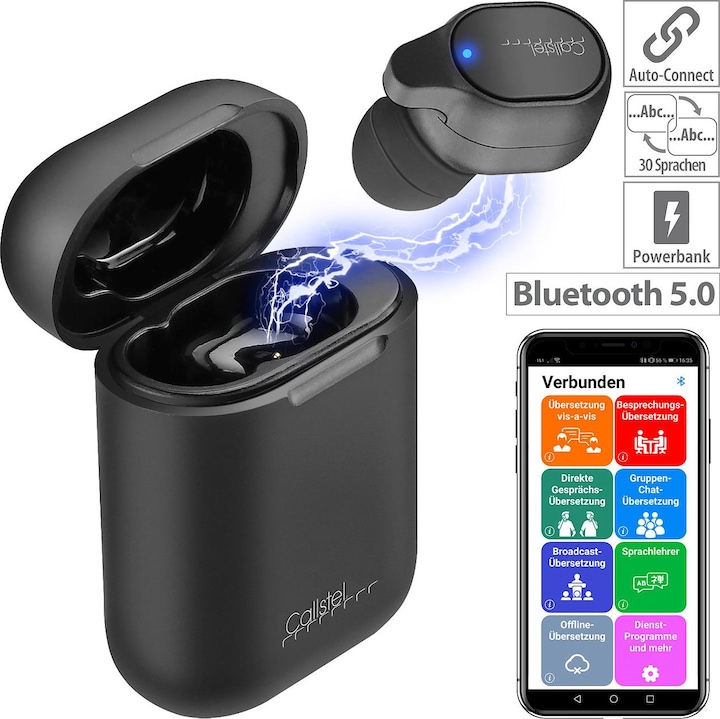 Actual product image Callstel 2in1 live translator and in-ear mono headset with powerbank box & app (3 h, Wireless)
