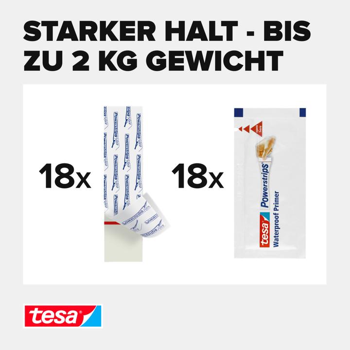 Produktbild tesa 3x wasserfeste Powerstrips LARGE, 2kg Halteleistung, 18 doppelseitige Klebestreifen