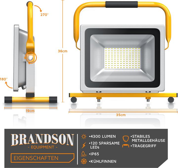 Produktbild Brandson Baustrahler, 50W LED Outdoor Fluter, 6000 Lumen, Bauscheinwerfer, Arbeitsscheinwerfer, IP65 (4800 lm)