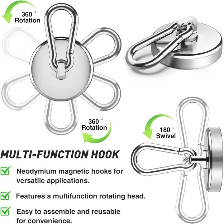 Image du produit Swissdetector Aimant à oeillet en néodyme 2 pièces avec mousqueton - 35 kg (2x)