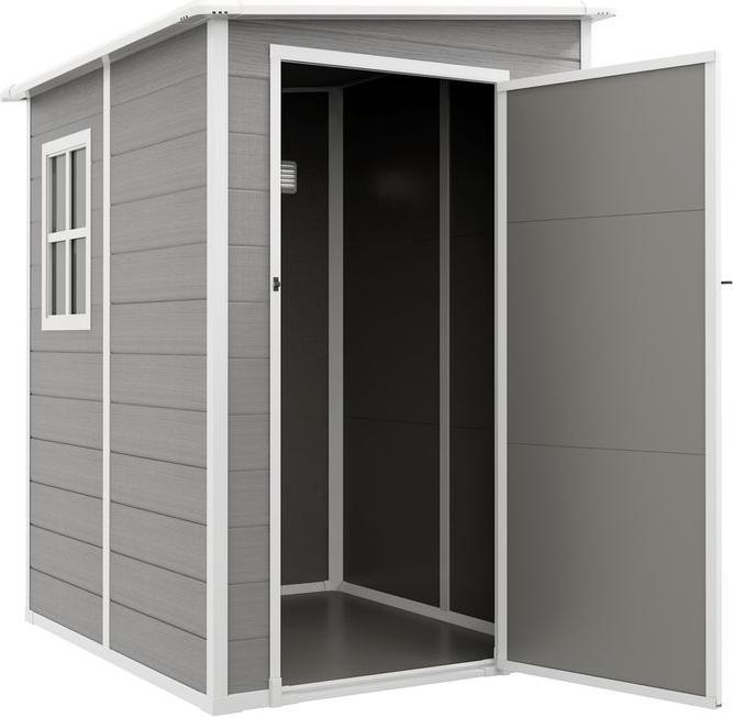 Swisshandel24 Gerätehaus 1,54m³, Pultdach, 122x149x192/177 cm, Abschliessbar, Fenster, Alu, Grau