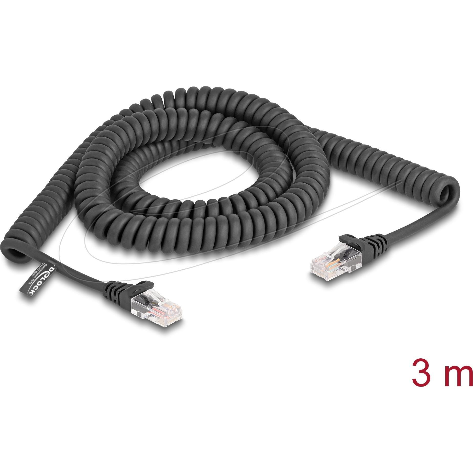 Delock Cavo a spirale RJ45 maschio-maschio Cat.5e 3 m nero (UTP, CAT5e, 3 m), Cavo di rete