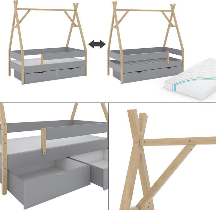 Image du produit VitaliSpa Lit Tipi Bali, Gris, 80x160 cm avec 2 tiroirs et matelas (80 x 160 cm)