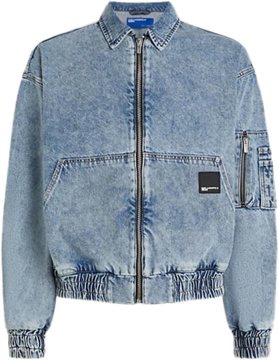 Karl Lagerfeld Denim Bomber Jacket with Kangaroo Pocket and Snap-Flap Pockets (XL)
