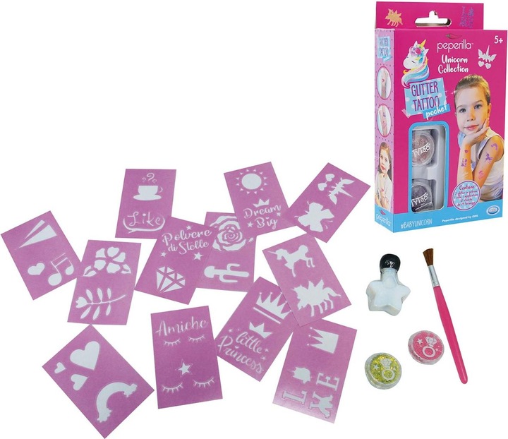 Produktbild ODS Peperilla - Glitter Tattoo Pocket Set mit 2 Glitzerpulvern, Kleber, Applikator, 12 Sten