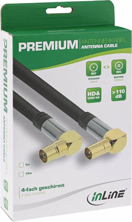 Produktbild InLine Premium Antennenkabel gewinkelt 4x geschirmt >110dB schwarz 10m (110 dB, Antennenkabel)