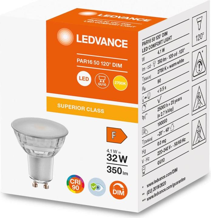 Productafbeelding Ledvance LED Comfort PAR16 120° 350lm 4,1W/927 (32W) GU10 daempbar (GU10, 4.10 W, 350 lm, 1 x, F)