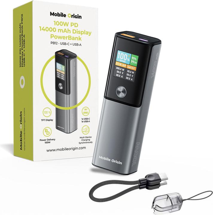 Image du produit Mobile Origin Banque d'alimentation 100W PD 14000mAh Display PowerBank PB12 - USB-C + USB-A (14000 mAh, 100 W)