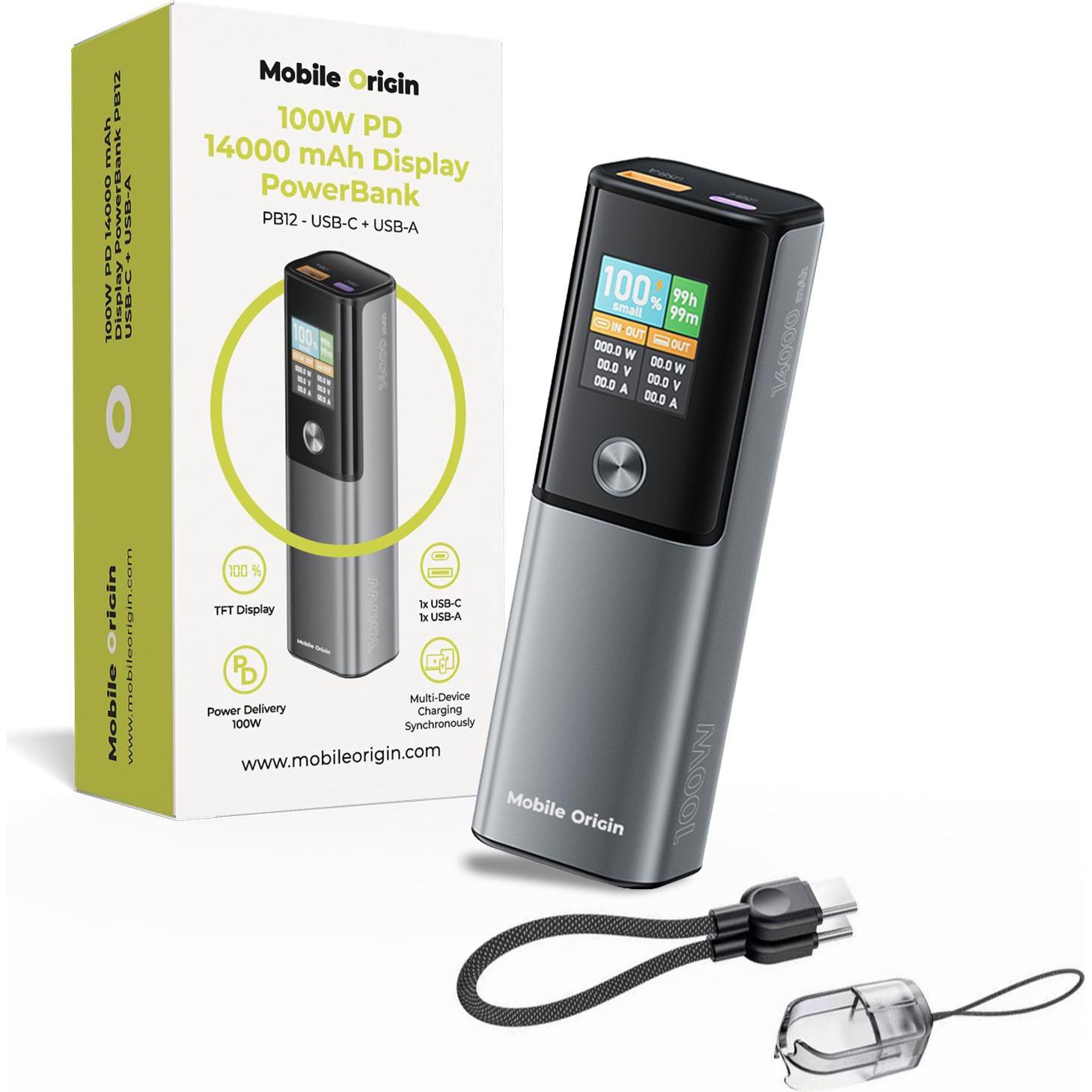 Mobile Origin Powerbank 100W PD 14000mAh Display PowerBank PB12 - USB-C + USB-A (14000 mAh, 100 W), Powerbank