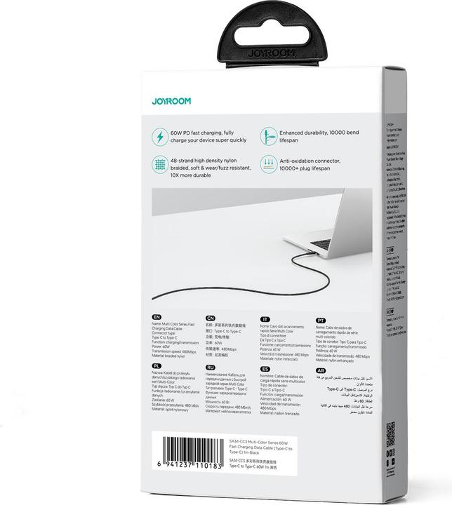 Produktbild Joyroom Multi-Color Series SA34-CC3 USB-C/USB-C-Kabel 60 W schnelle Übertragung 1 m – Schwarz (1 m, USB 2.0, 60 W)