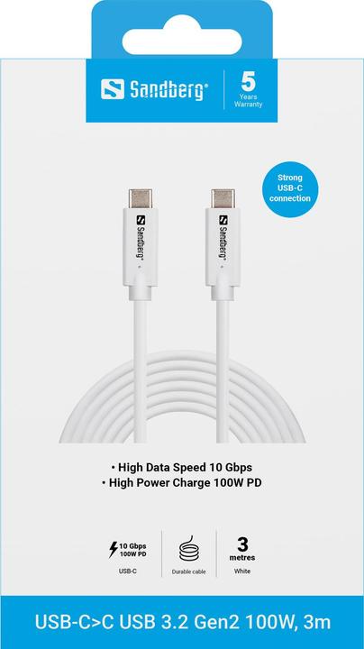 Image du produit Sandberg USB-C<gt/>C USB 3.2 Gen2 (3 m, USB 3.2 Gen 2, 100 W)
