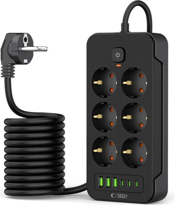 Actual product image Tech-Protect PC6X6 Power Strip 6 Sockets 240V + 3xUSB-A + 3xUSB-C 200cm - Black (3 x, USB-A, USB-C, 2 m)