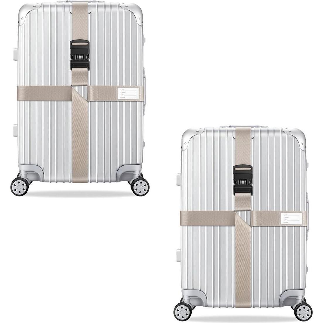 König Design, Reisezubehör, 2x Kreuz Kofferband Koffergurt Gepäckband Kofferriemen Gepäckgurt Zahlencode Set, Beige