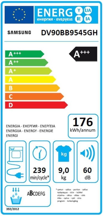Label énergétique Samsung DV9400 (9 kg, Droite, Modifiable)