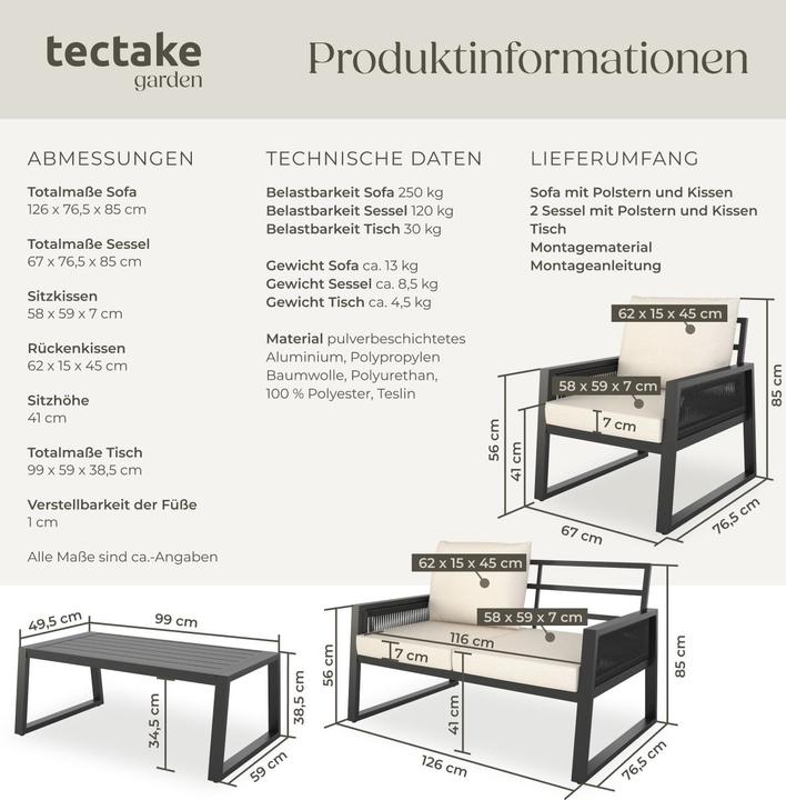Actual product image tectake Captive garden lounge set in Rope design, aluminium frame