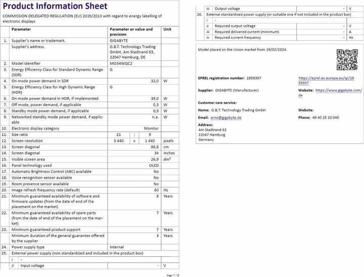Nährwerte und Zutaten Gigabyte MO34WQC2 EK (3440 x 1440 Pixel, 34")