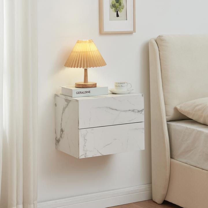 Produktbild En.Casa Nachttisch hängend Ampfing mit 2 Schubladen Marmoroptik, weiss (40 x 29 x 30 cm)