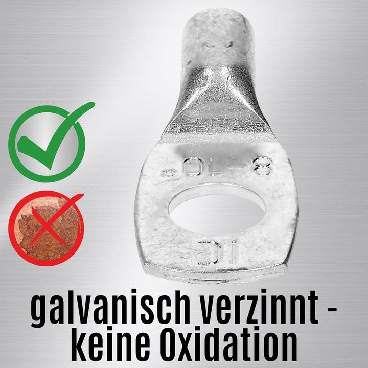 Produktbild Kalitec 10 Stück HR10-8 Handelsübliche Rohrkabelschuhe 10mm² M8 I ohne Sichtloch I Made in Germany