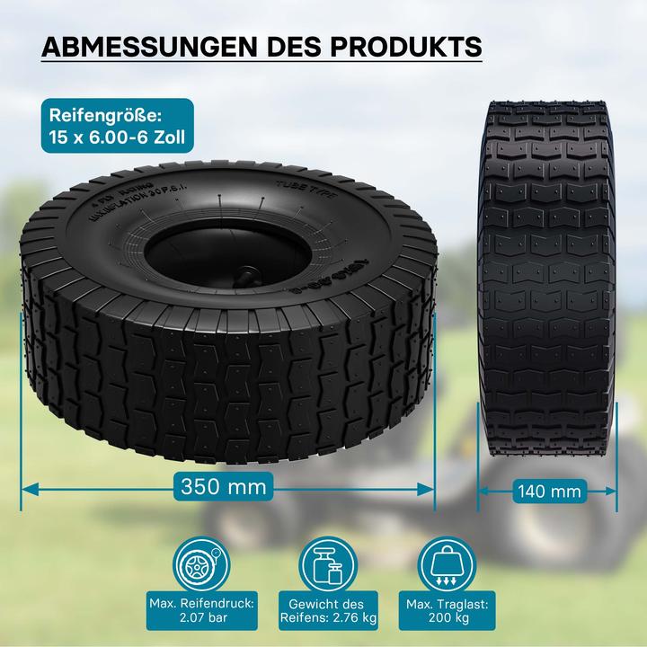 Produktbild Wiltec Reifen für den Aufsitzmäher 15x6.00-6 4pr mit Schlauch und geradem Ventil (Rasentraktor, Gartenmaschinen Ersatzteile)