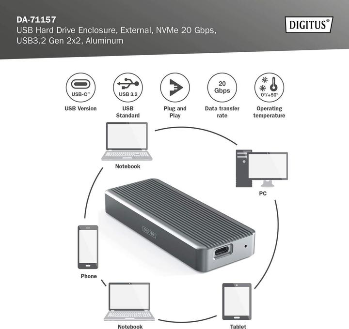 Actual product image Digitus USB M.2 hard disk enclosure, SSD, external, NVMe, 20Gbps, USB 3.2 Gen2x2, aluminum, incl. mounting (M.2 2230, M.2 2242, M.2 2260, M.2 2280)