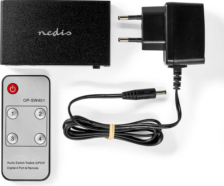 Immagine prodotto Nedis Commutatore audio digitale | 4 vie | Connettori - Ingresso: Alimentazione DC / 4x TosLink | (0.05 m)