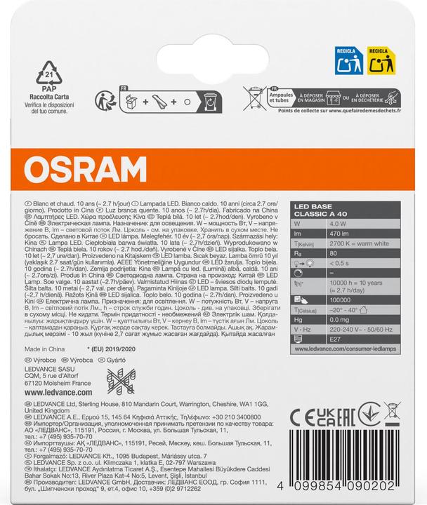 Produktbild Osram 4099854090202 LED EEK E (A - G) E27 Glühlampenform 4 W = 40 W Warmweiss (Ø (E27, 470 lm, 2 x)