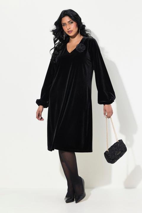 Produktbild Ulla Popken Samtkleid, Brosche, A-Linie, V-Ausschnitt, Langarm (46, 48)