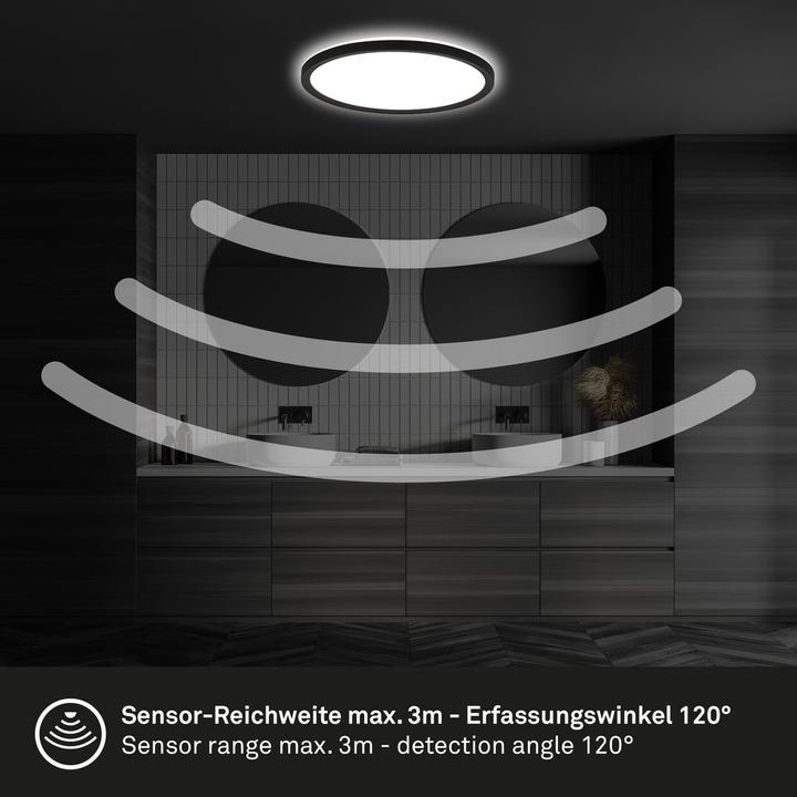 Image du produit Briloner Panneau LED ultra plat avec effet de rétroéclairage + Microwave, IP44, noir (2400 lm)