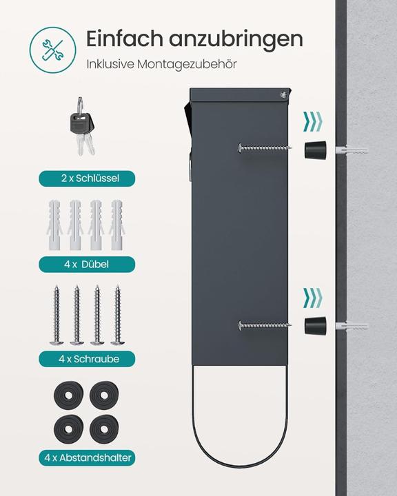 Produktbild Songmics Wandbriefkasten Schloss Sichtfenster Zeitungsfach Anthrazitgrau