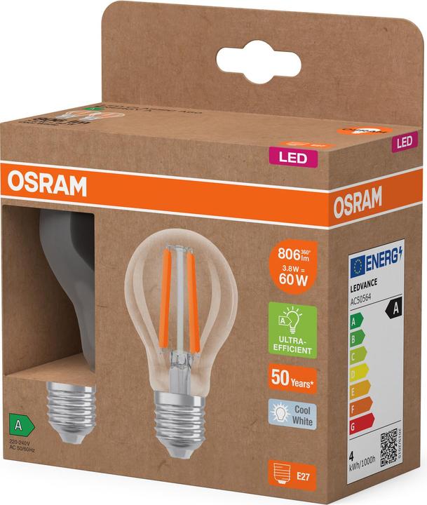 Actual product image Osram LED LAMPS ENERGY CLASS A ENERGY EFFICIENCY FILAMENT CLASSIC A 3.8W 840 Clear E27 (E27, 3.80 W, 806 lm, 6 x, A)