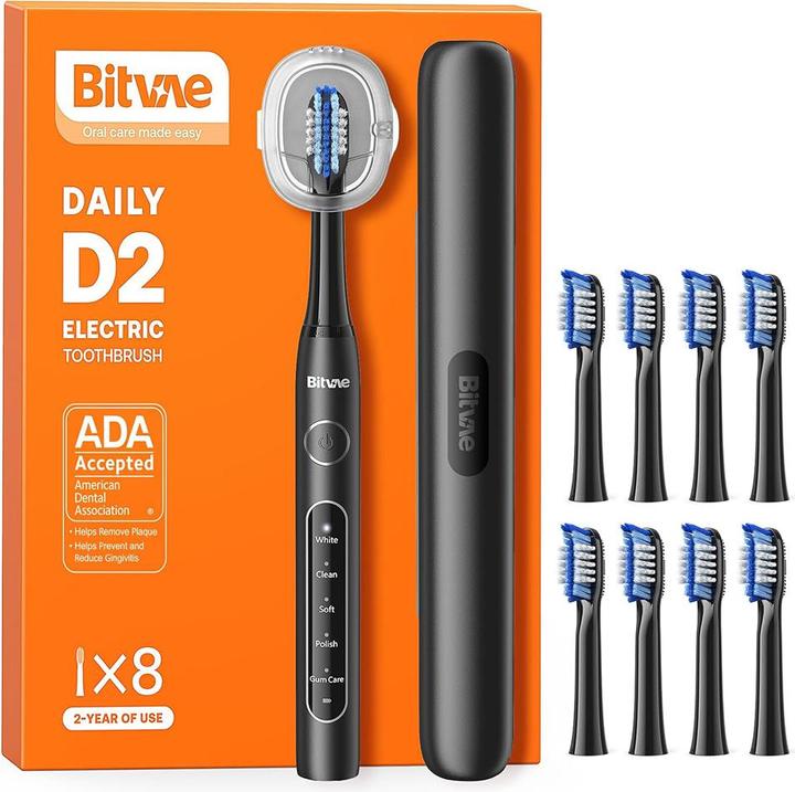 Actual product image Bitvae - Electric Toothbrush (BV D2) - with 8 Heads, Travel Case, Brushholder - Black