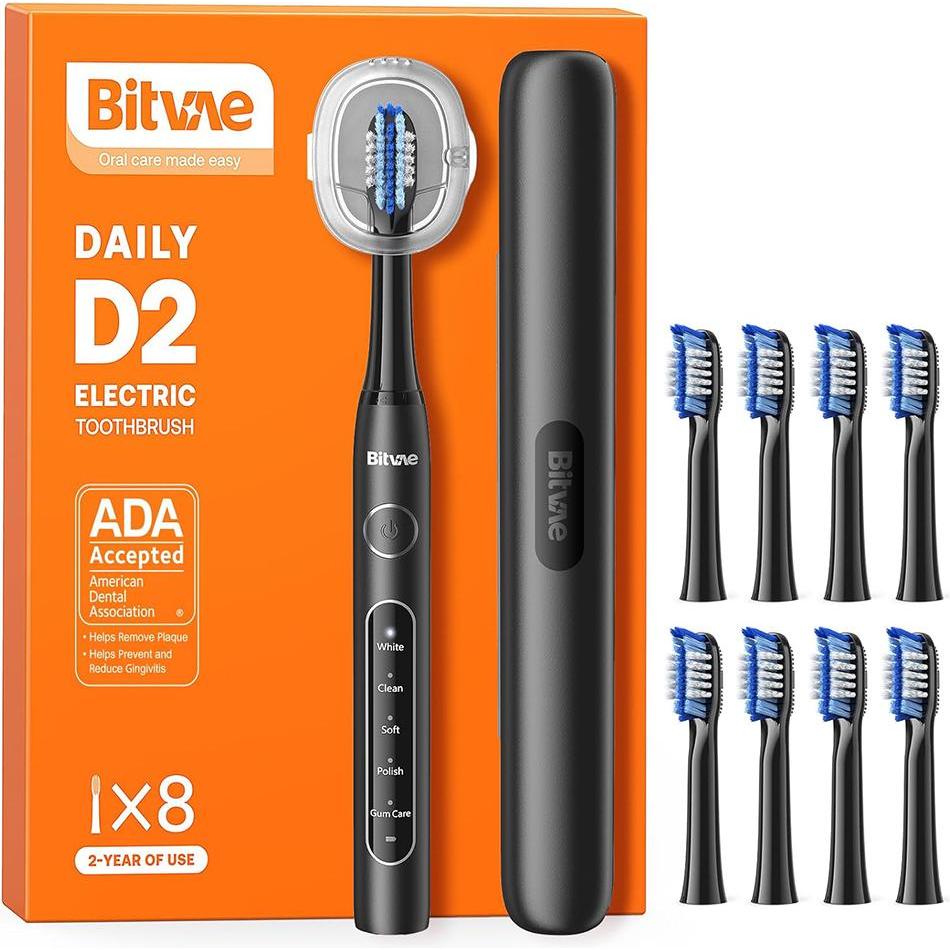 Bitvae - Electric Toothbrush (BV D2) - with 8 Heads, Travel Case, Brushholder - Black (58292352)