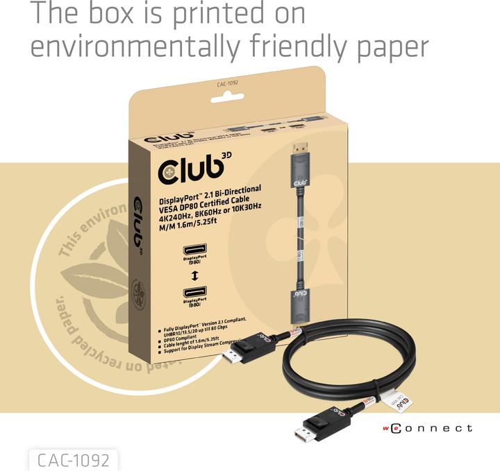 Productafbeelding Club 3D Club3D DisplayPort kabel 2.1 DP80 1,6m 10K/8K/4K St/St retail (1.60 m, DisplayPort)