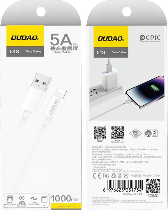 Actual product image Dudao L4SL USB-A / Lightning 2A cable 1m - white (1 m, USB 3.2 Gen 1)
