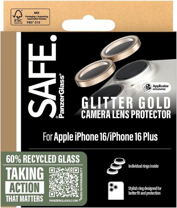 Actual product image PanzerGlass SAFE. by ® Camera Lens Protector Glitter Gold iPhone '24 6.1" | 6.7" (1 pcs., Apple iPhone 16, Apple iPhone 16 Plus)