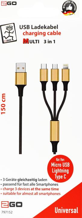 Produktbild 2GO 797152 USB Kabel USB B USB C/Micro-USB B/Lightning (1.50 m)