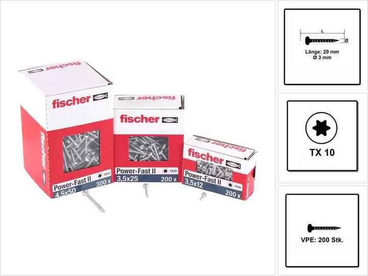 Produktbild Fischer Power-Fast II FPF II Spanplattenschraube 3,0x20 mm 200 Stück ( 670058 ) Pan Head mit Torx (200 Schrauben pro Stück)