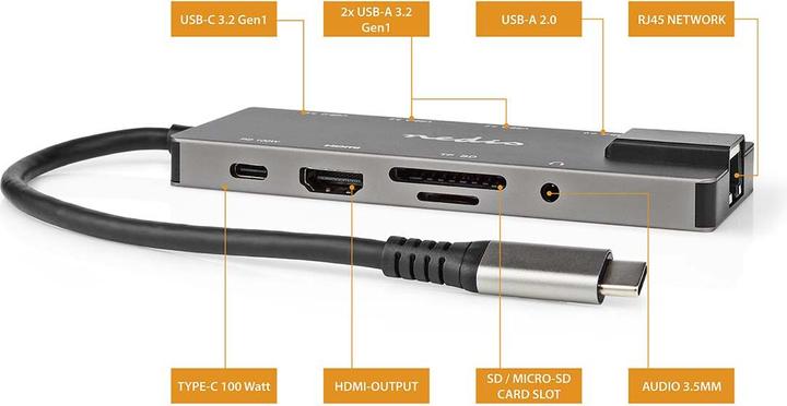 Immagine prodotto Nedis CCBW64775AT02 Adattatore USB USB 3.2 Gen 1 Jack USB-C™ Uscita HDMI™ / Jack RJ45 / SD / 2X U (USB-A, 10 Porti)