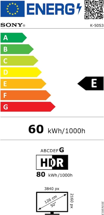 Etichetta energetica Sony K-50S3 (50", Bravia 3, LCD, 4K, 2025)