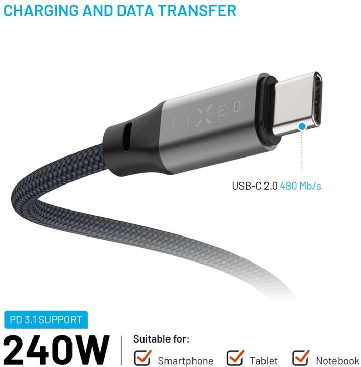 Actual product image Fixed Magnetic Braided Cable USB-C/USB-C, 1,2m, USB 2.0, 240W, gray (1.20 m, USB 2.0, 240 W)