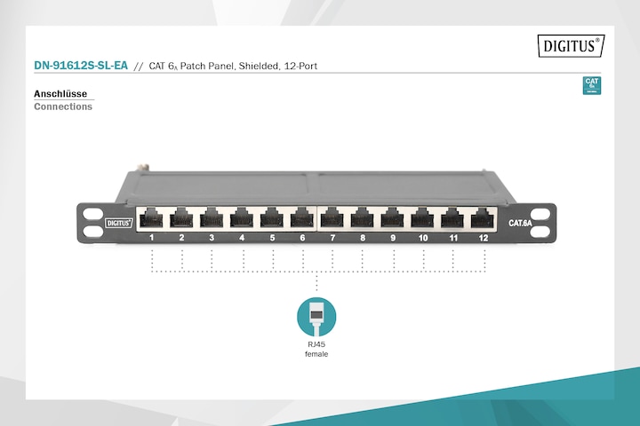 Produktbild Digitus Cat.6A Slim Patch Panel, geschirmt, 12-Port, 0,5 HE, 10", schwarz