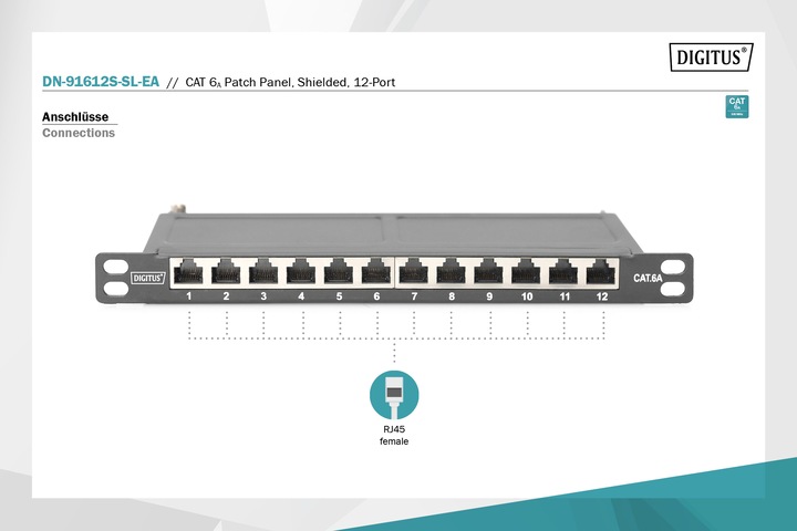 Actual product image Digitus CAT 6A, Class EA Patch Panel, shielded, 12-port, 0.5U, 10", black